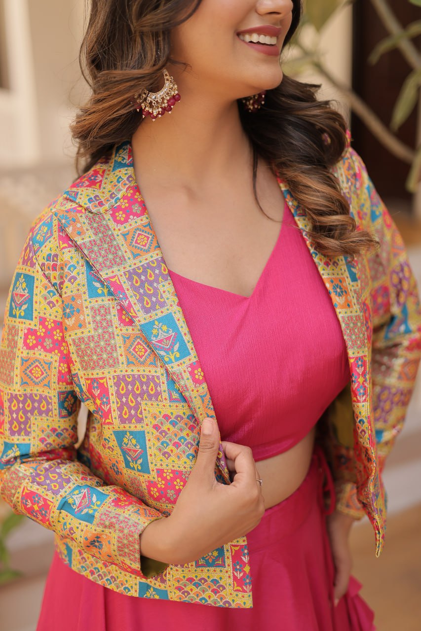 Pink Chinnon Lehenga Set with Sleeveless Blouse and Jacquard Koti