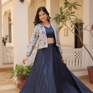 Navy Blue Chinnon Lehenga Set with Sleeveless Blouse and Jacquard Koti