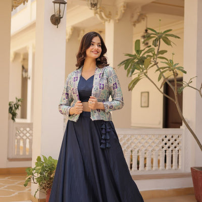 Navy Blue Chinnon Lehenga Set with Sleeveless Blouse and Jacquard Koti