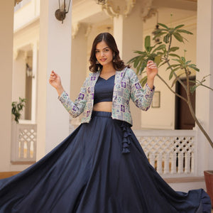 Navy Blue Chinnon Lehenga Set with Sleeveless Blouse and Jacquard Koti