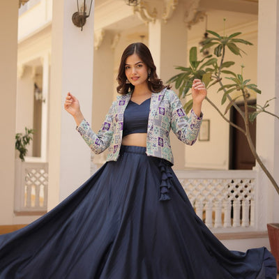 Navy Blue Chinnon Lehenga Set with Sleeveless Blouse and Jacquard Koti