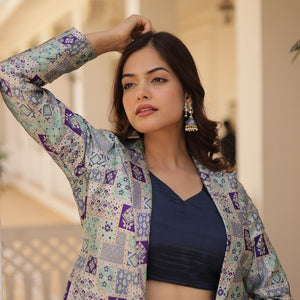 Navy Blue Chinnon Lehenga Set with Sleeveless Blouse and Jacquard Koti