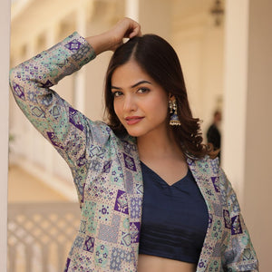 Navy Blue Chinnon Lehenga Set with Sleeveless Blouse and Jacquard Koti