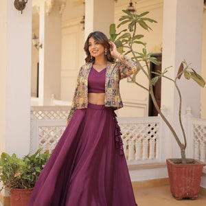 Purple Chinnon Lehenga Set with Sleeveless Blouse and Jacquard Koti