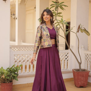 Purple Chinnon Lehenga Set with Sleeveless Blouse and Jacquard Koti