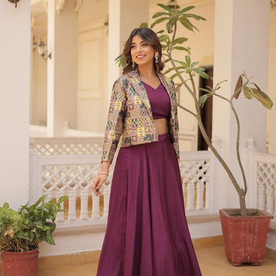 Purple Chinnon Lehenga Set with Sleeveless Blouse and Jacquard Koti