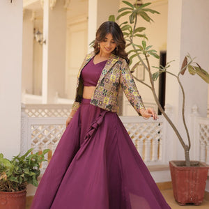 Purple Chinnon Lehenga Set with Sleeveless Blouse and Jacquard Koti
