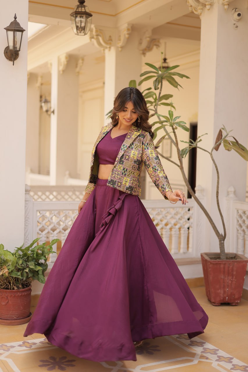 Purple Chinnon Lehenga Set with Sleeveless Blouse and Jacquard Koti