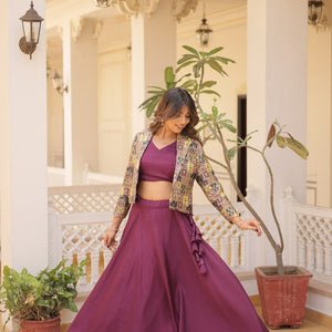 Purple Chinnon Lehenga Set with Sleeveless Blouse and Jacquard Koti