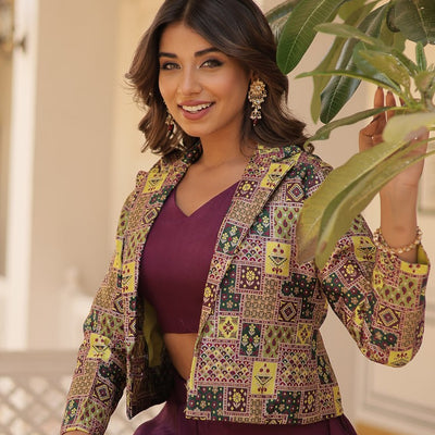 Purple Chinnon Lehenga Set with Sleeveless Blouse and Jacquard Koti