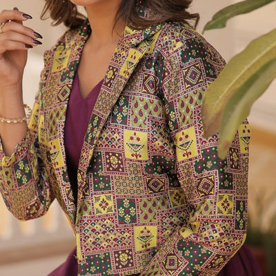 Purple Chinnon Lehenga Set with Sleeveless Blouse and Jacquard Koti