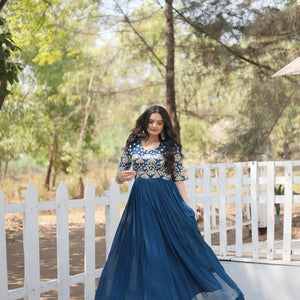 Tea Blue Luxury Faux Blooming Designer Gown with Zari & Sequins Embroidery
