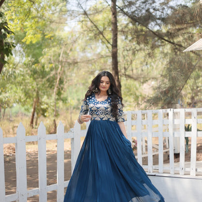Tea Blue Luxury Faux Blooming Designer Gown with Zari & Sequins Embroidery