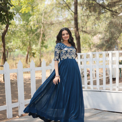 Tea Blue Luxury Faux Blooming Designer Gown with Zari & Sequins Embroidery