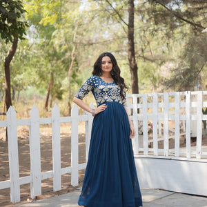 Tea Blue Luxury Faux Blooming Designer Gown with Zari & Sequins Embroidery