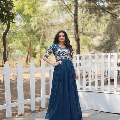 Tea Blue Luxury Faux Blooming Designer Gown with Zari & Sequins Embroidery