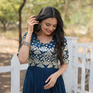 Tea Blue Luxury Faux Blooming Designer Gown with Zari & Sequins Embroidery