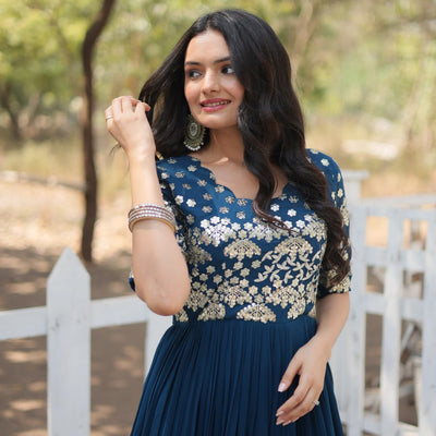 Tea Blue Luxury Faux Blooming Designer Gown with Zari & Sequins Embroidery