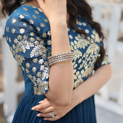 Tea Blue Luxury Faux Blooming Designer Gown with Zari & Sequins Embroidery