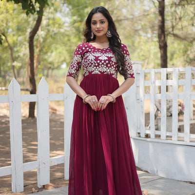 Magenta Luxury Faux Blooming Designer Gown with Zari & Sequins Embroidery