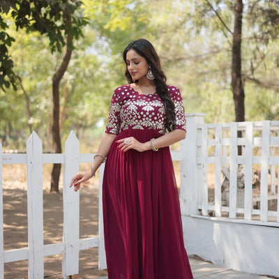 Magenta Luxury Faux Blooming Designer Gown with Zari & Sequins Embroidery