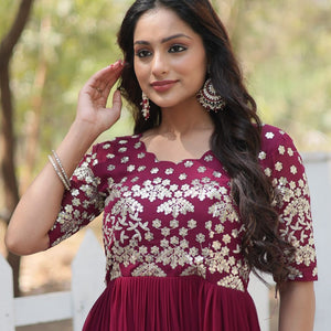Magenta Luxury Faux Blooming Designer Gown with Zari & Sequins Embroidery