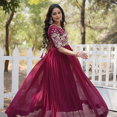 Magenta Luxury Faux Blooming Designer Gown with Zari & Sequins Embroidery