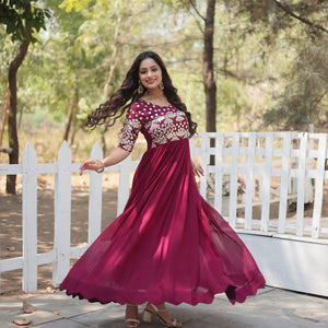 Magenta Luxury Faux Blooming Designer Gown with Zari & Sequins Embroidery