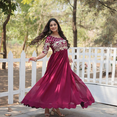 Magenta Luxury Faux Blooming Designer Gown with Zari & Sequins Embroidery