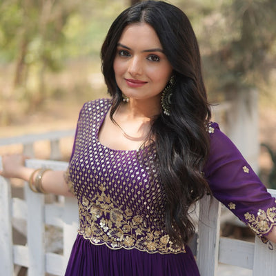 Purple Luxury Embroidered Designer Gown for Women