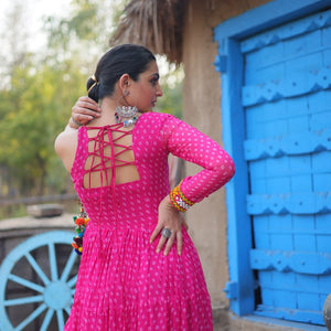 Pink Elegant Bandhani Print Faux Georgette Gown with Kutchi Patchwork