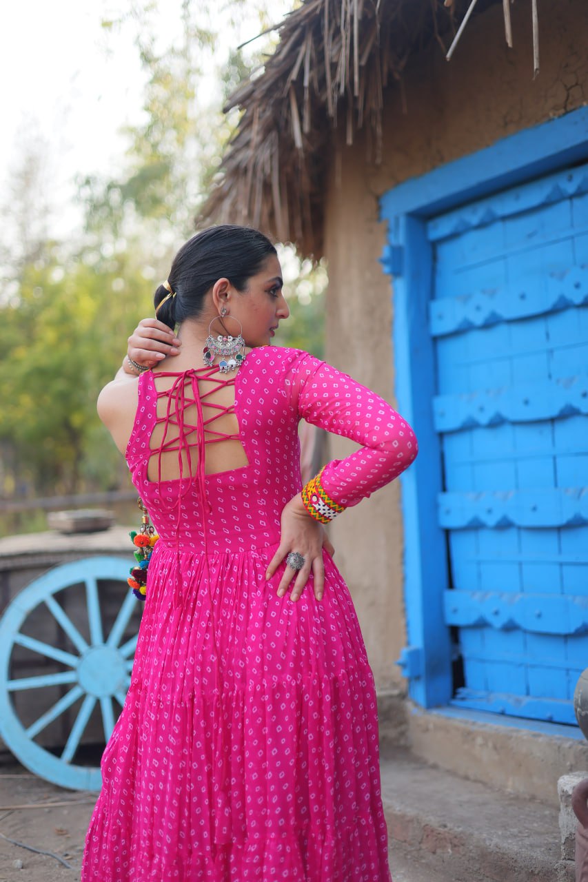 Pink Elegant Bandhani Print Faux Georgette Gown with Kutchi Patchwork
