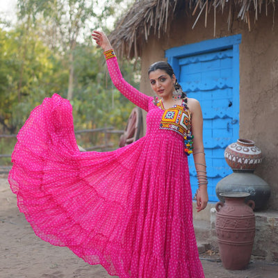Pink Elegant Bandhani Print Faux Georgette Gown with Kutchi Patchwork