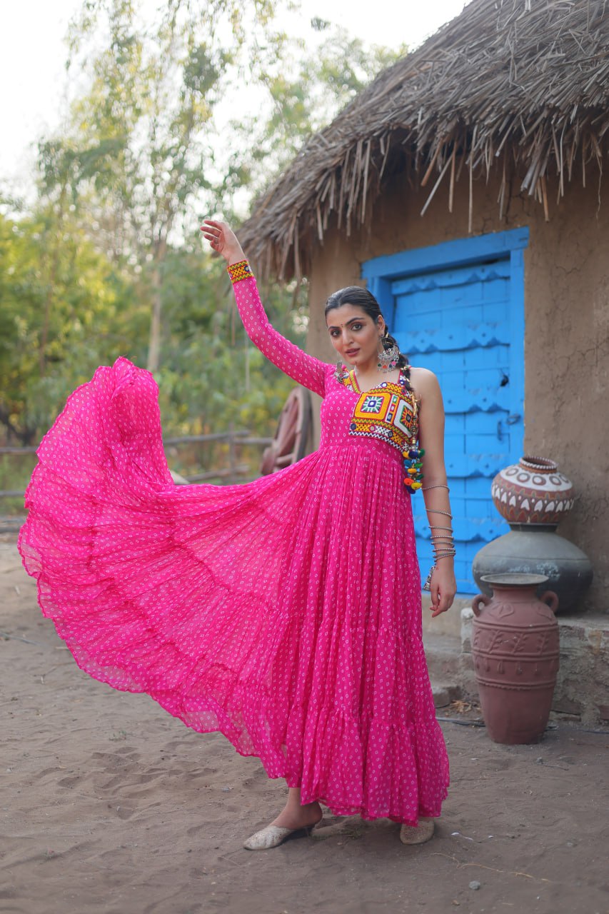 Pink Elegant Bandhani Print Faux Georgette Gown with Kutchi Patchwork