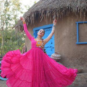 Pink Elegant Bandhani Print Faux Georgette Gown with Kutchi Patchwork