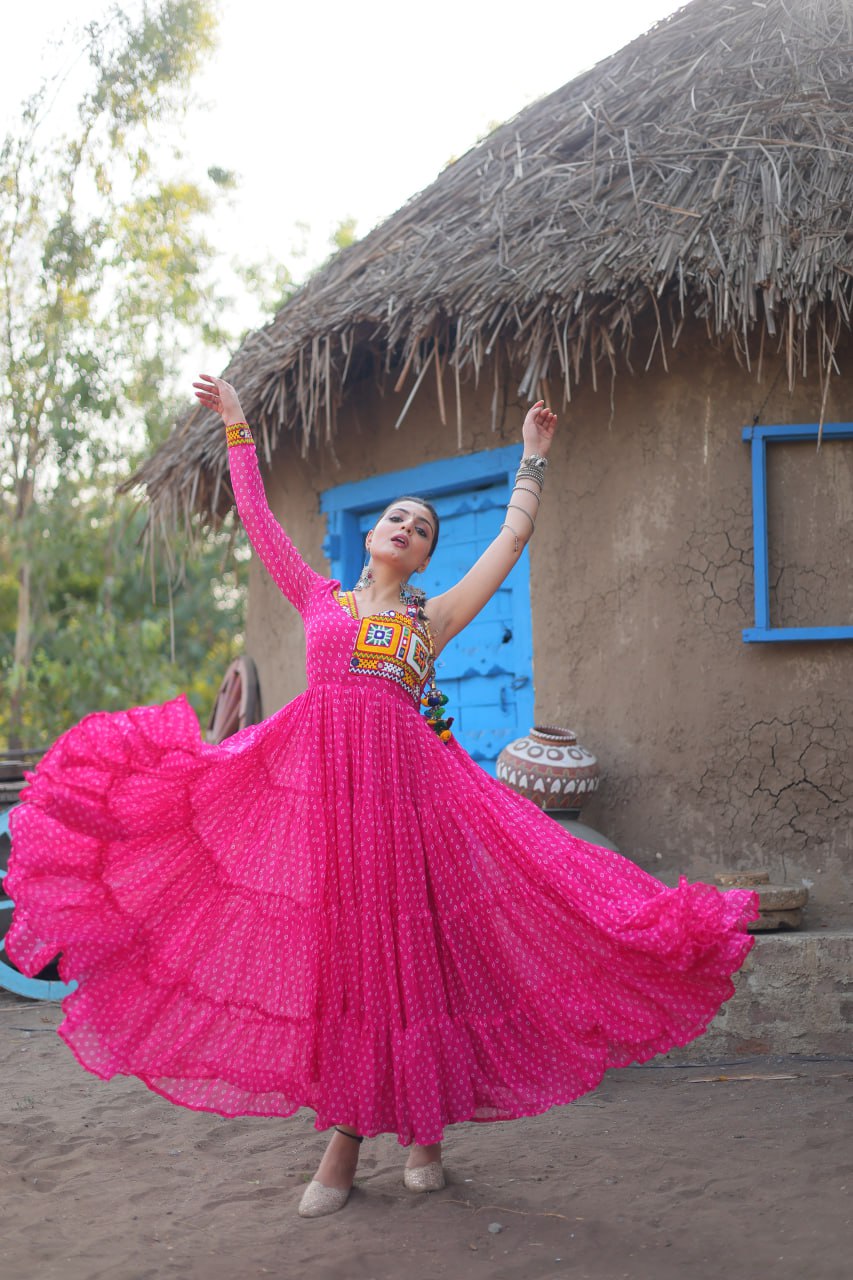 Pink Elegant Bandhani Print Faux Georgette Gown with Kutchi Patchwork