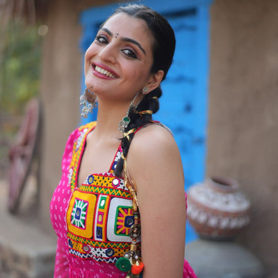 Pink Elegant Bandhani Print Faux Georgette Gown with Kutchi Patchwork
