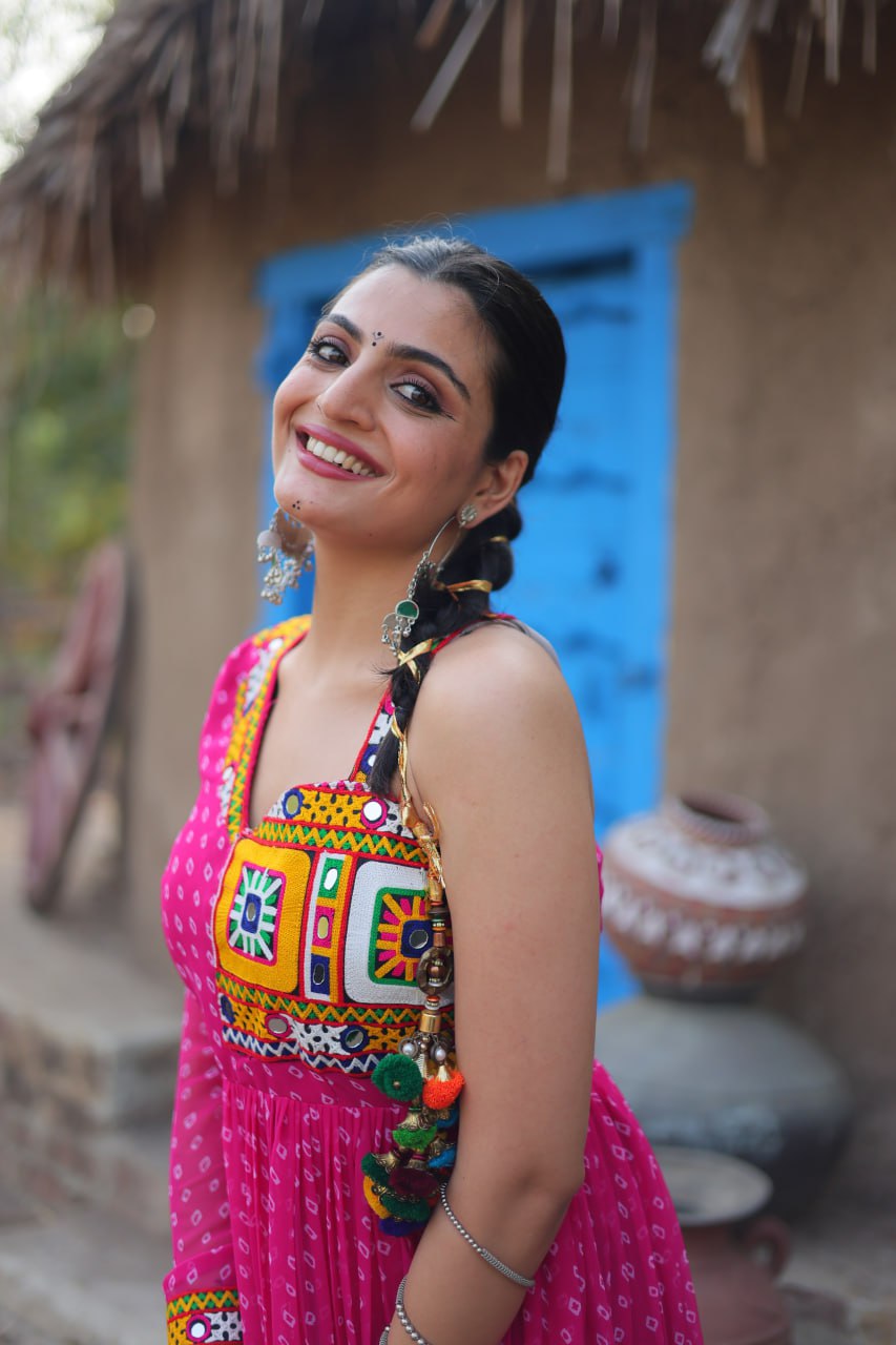 Pink Elegant Bandhani Print Faux Georgette Gown with Kutchi Patchwork