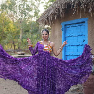 Purple Elegant Bandhani Print Faux Georgette Gown with Kutchi Patchwork