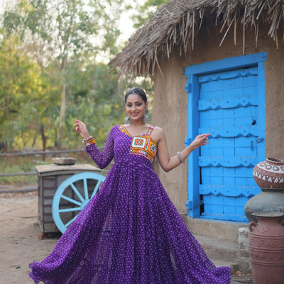 Purple Elegant Bandhani Print Faux Georgette Gown with Kutchi Patchwork