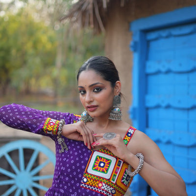 Purple Elegant Bandhani Print Faux Georgette Gown with Kutchi Patchwork