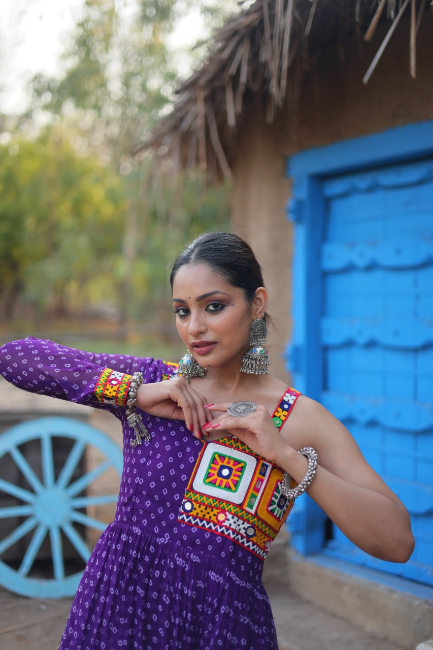Purple Elegant Bandhani Print Faux Georgette Gown with Kutchi Patchwork