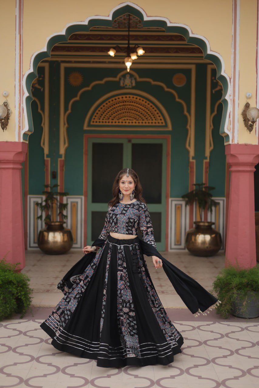 Black Festive Printed Rayon Lehenga Choli Set with Gota Patti & Kodi Lace