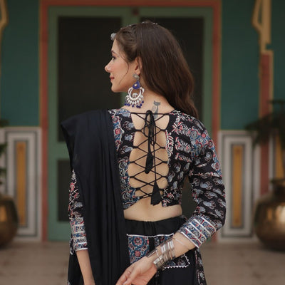 Black Festive Printed Rayon Lehenga Choli Set with Gota Patti & Kodi Lace