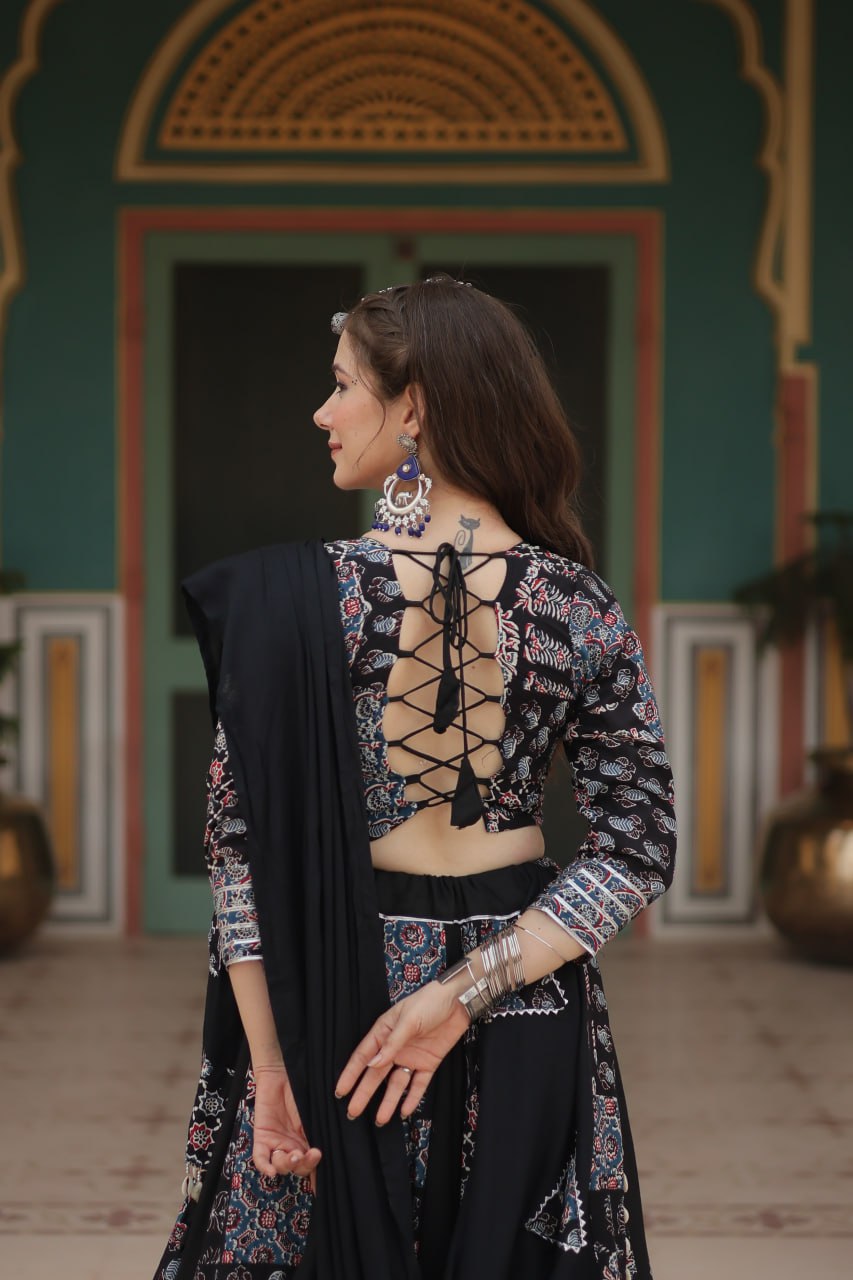 Black Festive Printed Rayon Lehenga Choli Set with Gota Patti & Kodi Lace