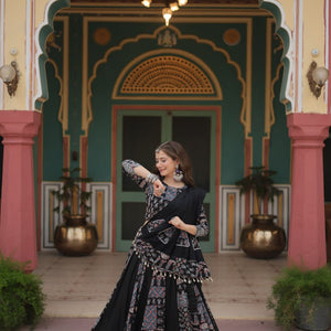 Black Festive Printed Rayon Lehenga Choli Set with Gota Patti & Kodi Lace