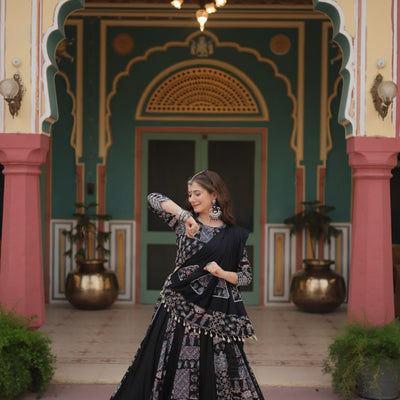 Black Festive Printed Rayon Lehenga Choli Set with Gota Patti & Kodi Lace
