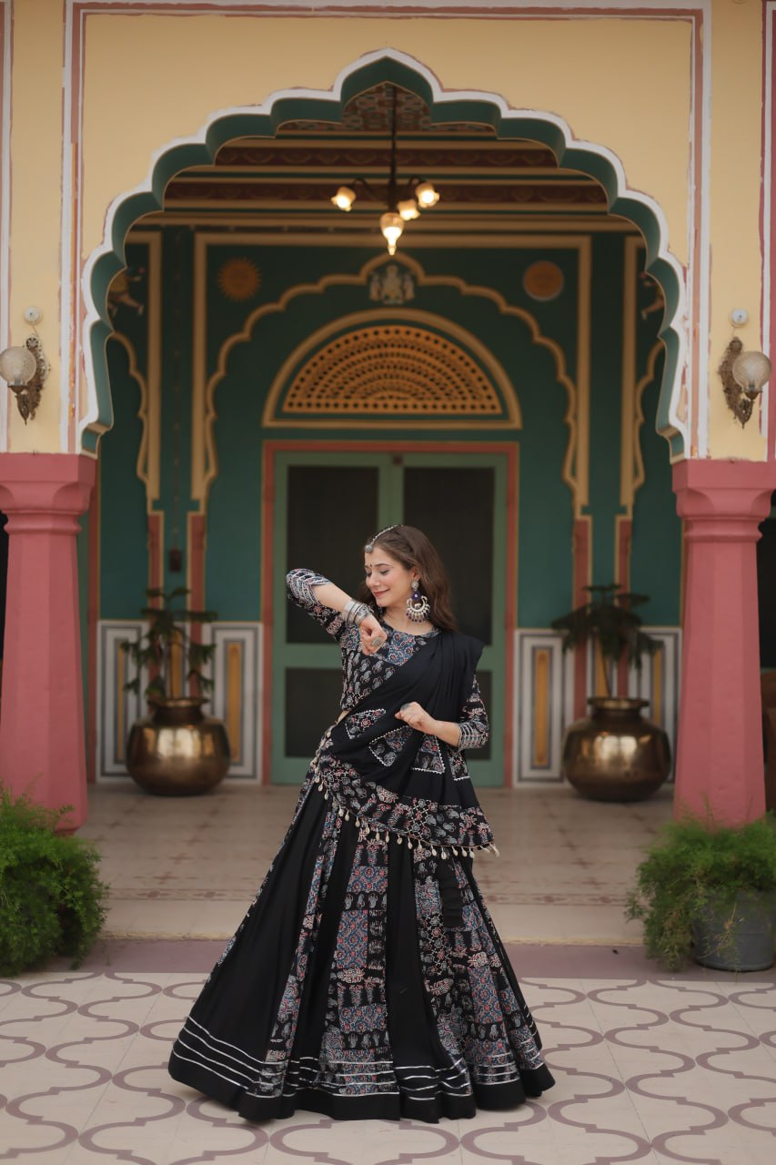 Black Festive Printed Rayon Lehenga Choli Set with Gota Patti & Kodi Lace