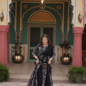 Black Festive Printed Rayon Lehenga Choli Set with Gota Patti & Kodi Lace