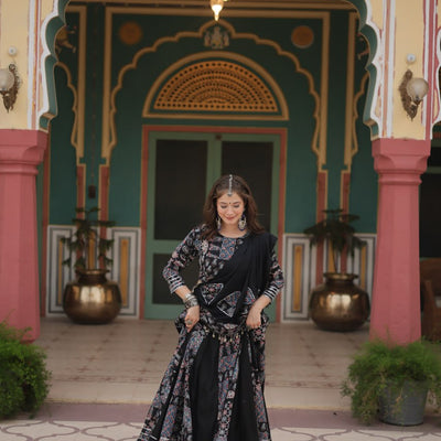 Black Festive Printed Rayon Lehenga Choli Set with Gota Patti & Kodi Lace